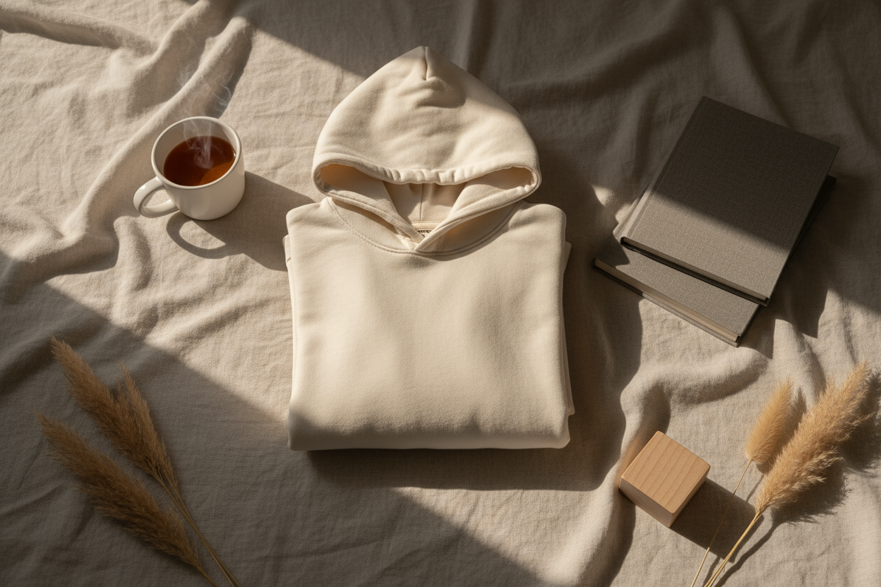 “A flat lay of a premium cotton hoodie on a soft beige fabric background, surrounded by minimalist neutral props like a ceramic mug and a book. Warm lighting, peaceful mood, soft shadows, calm aesthetic, premium minimal clothing brand vibe.”